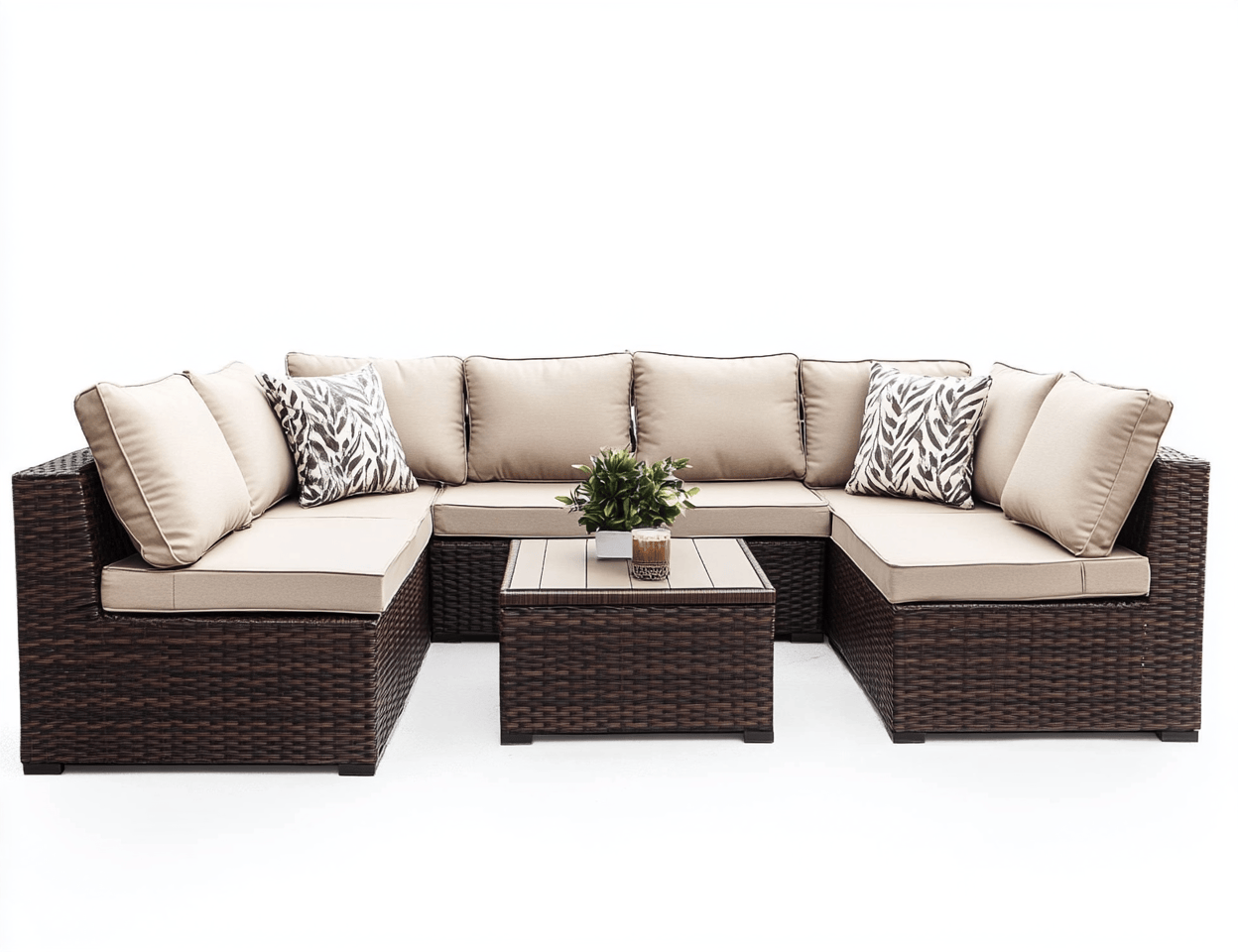 Zestaw wypoczynkowy z technorattanu – narożnik z poduszkami – kremowy – z prostokątnym stolikiem + 8 poduszek i 2 poduszki ozdobne-Habitatvo