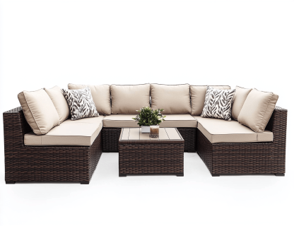 Zestaw wypoczynkowy z technorattanu – narożnik z poduszkami – kremowy – z prostokątnym stolikiem + 8 poduszek i 2 poduszki ozdobne-Habitatvo