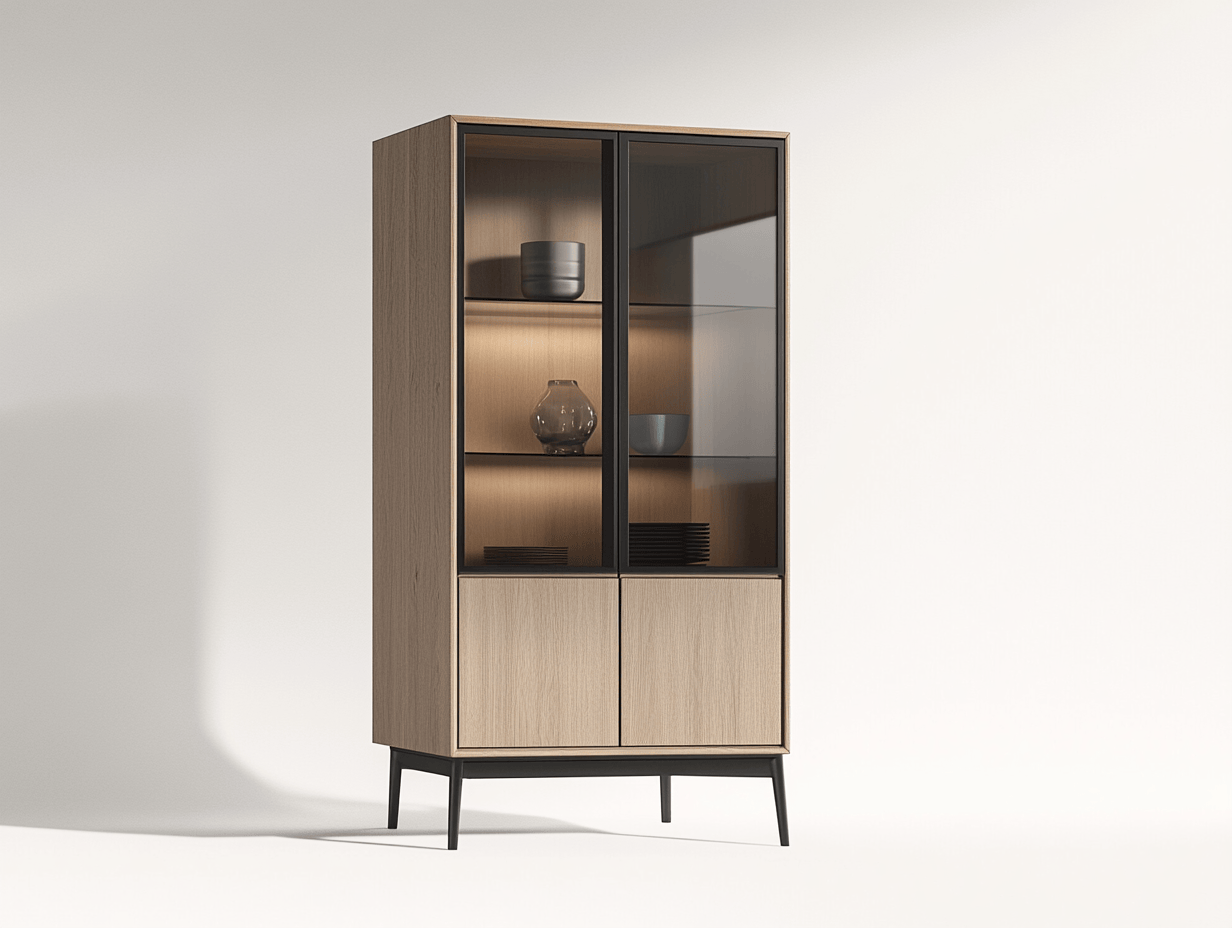 Witryna z płyty i szkła – 2 drzwi – 80×40×190 cm – dąb i czarne szkło – z podświetleniem – nowoczesna-Habitatvo