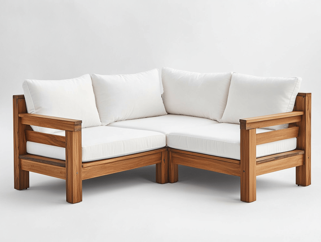 Narożna sofa ogrodowa z drewna akacjowego – 2-częściowa – z 4 poduszki białe – 140×140×75 cm – rustykalna-Habitatvo