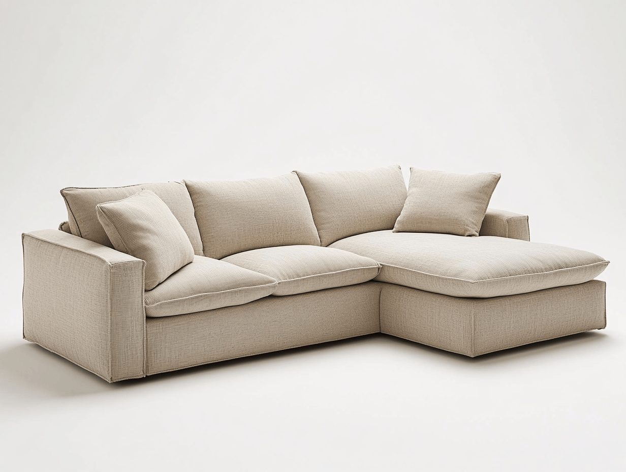 Sofa narożna z tkaniny – 260×170×85 cm – beżowa – z szezlongiem i 2 poduszkami – nowoczesna