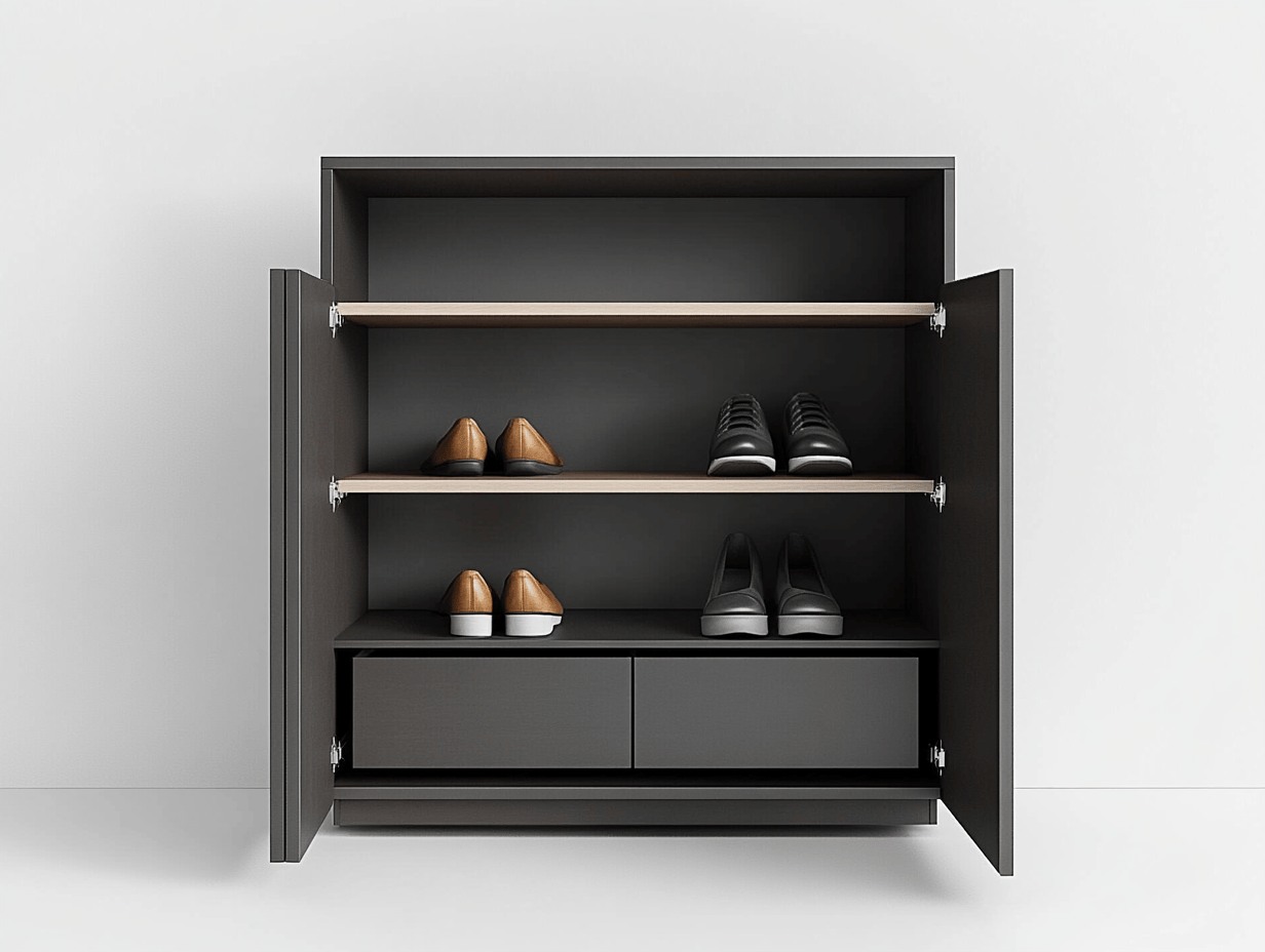 Szafka na buty z 3 półkami i 2 szufladami – 90×35×100 cm – czarna płyta MDF – styl minimalistyczny-Habitatvo