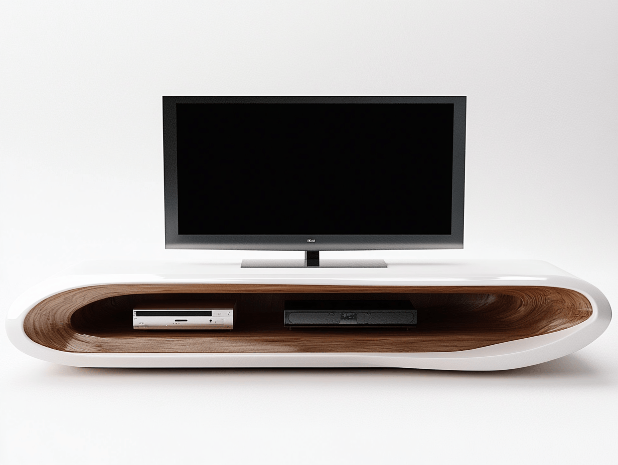 Szafka RTV – biały połysk i drewno – owalna forma – 160×45×40 cm – nowoczesny design-Habitatvo