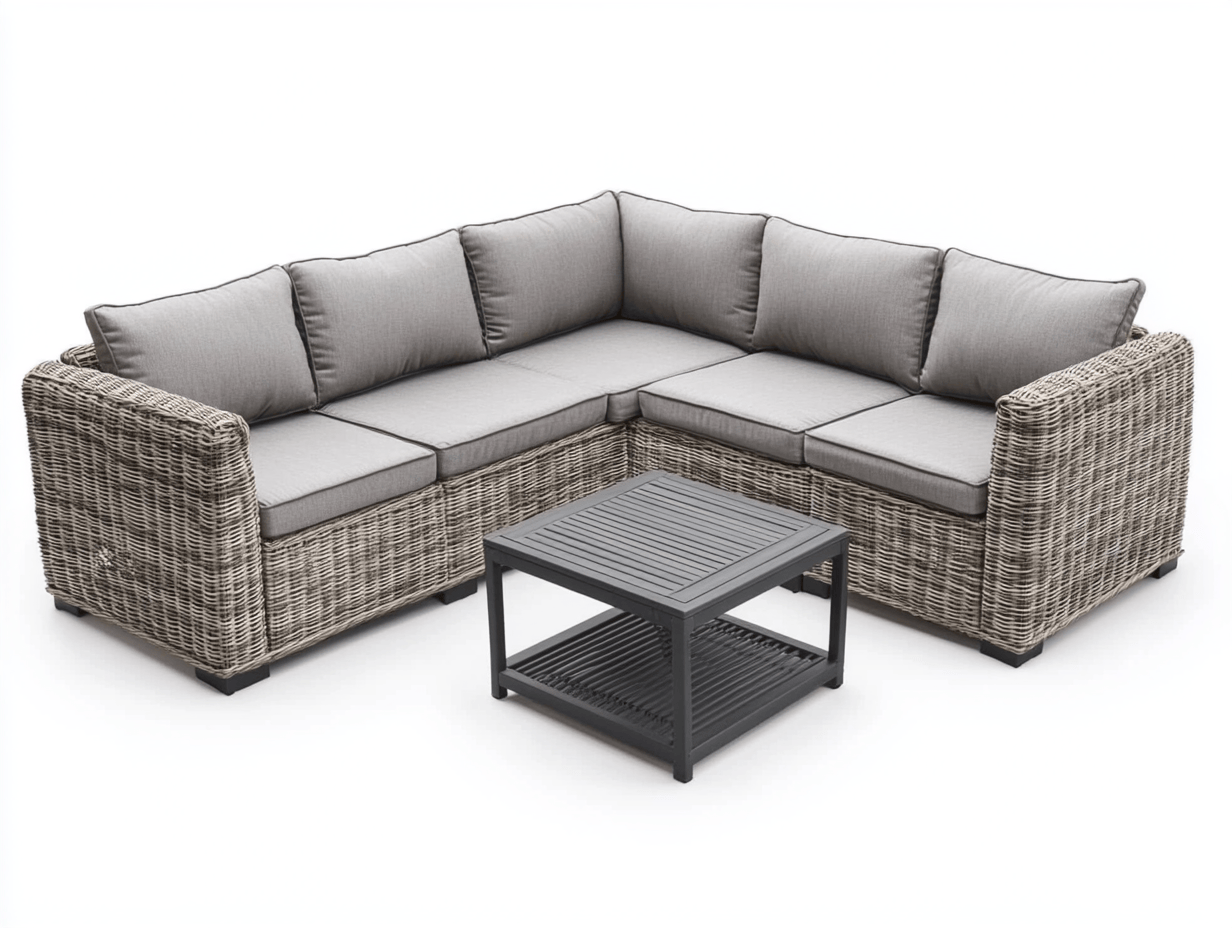 Zestaw wypoczynkowy z technorattanu – narożnik z poduszkami – jasnoszary – z czarnym stolikiem kawowym + 6 wygodnych i miękkich poduszek-Habitatvo