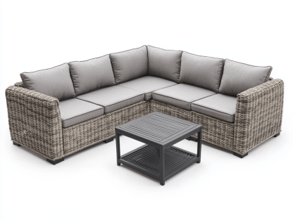 Zestaw wypoczynkowy z technorattanu – narożnik z poduszkami – jasnoszary – z czarnym stolikiem kawowym + 6 wygodnych i miękkich poduszek-Habitatvo