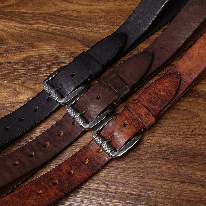 Distressed Leather Belt with Stainless Steel Buckle – 3.8cm Wide