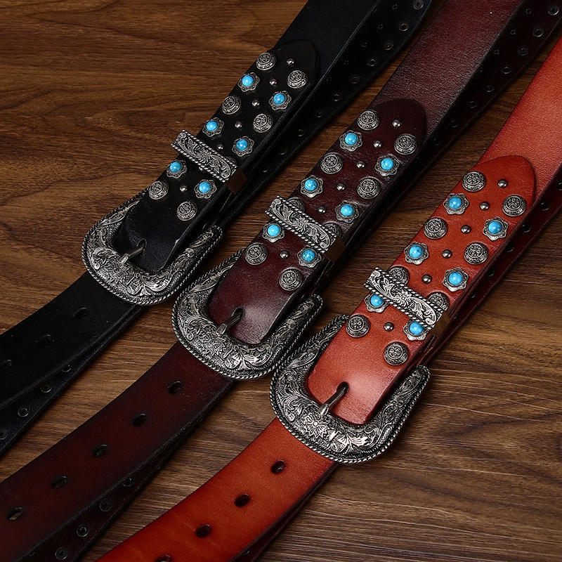 Heritage Western Leather Belt with Engraved Antique Silver-Tone Buckle | 3.8cm Wide