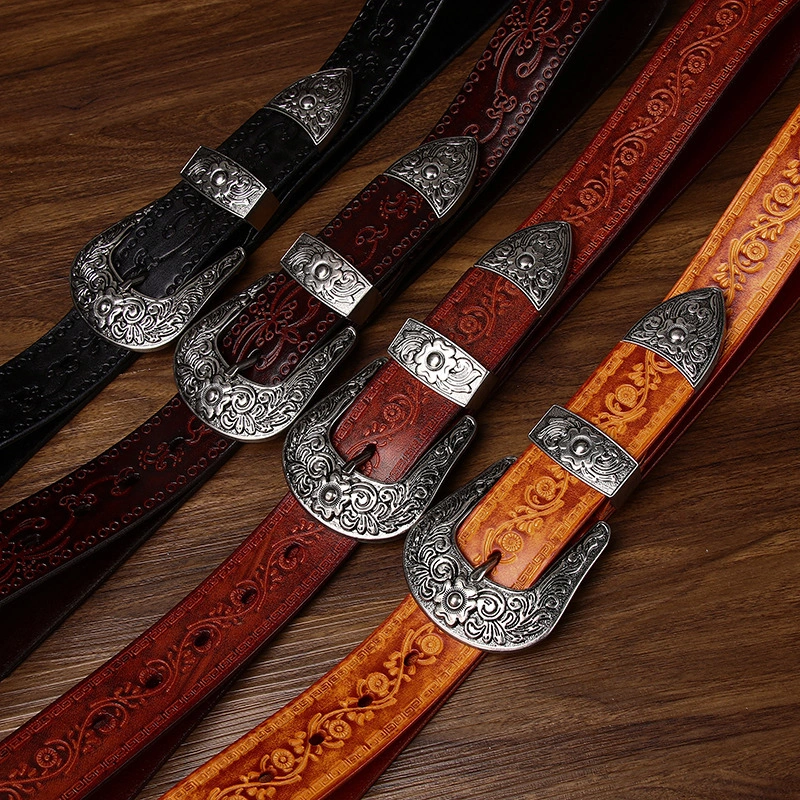 Embossed Full-Grain Leather Belt with Antique Silver-Tone Buckle | 3.8cm Wide