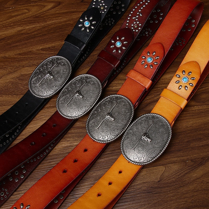 Sierra Longhorn Leather Belt with Engraved Plate Buckle | 3.8cm Wide