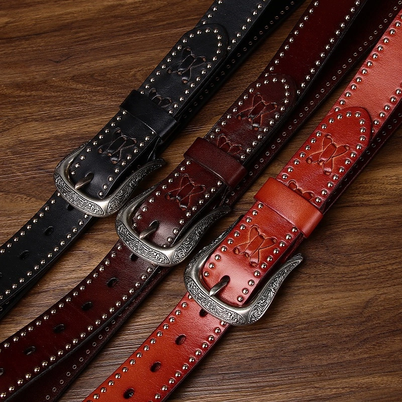 Bronco Lace Leather Belt with Engraved Alloy Buckle | 3.8cm Wide