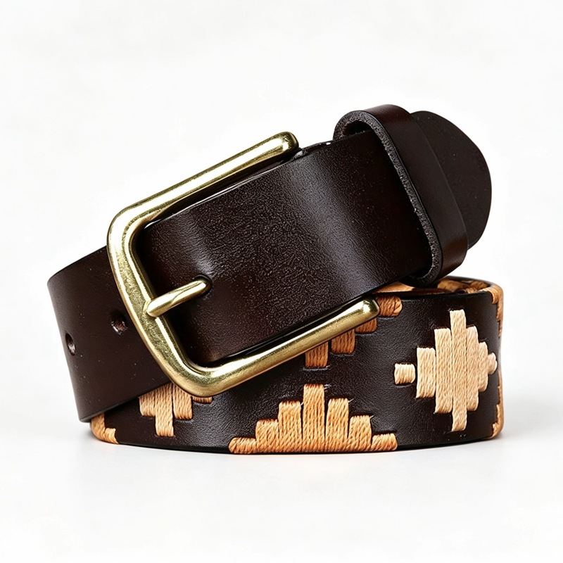 Polo-Style Woven Leather Belt with Brass-Tone Alloy Buckle | 3.4cm Wide