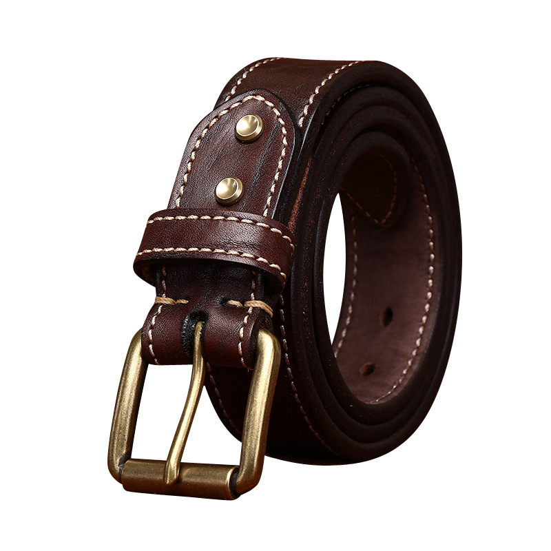 Men’s Stitched Full-Grain Leather Belt with Brass Buckle – 3.8cm Wide