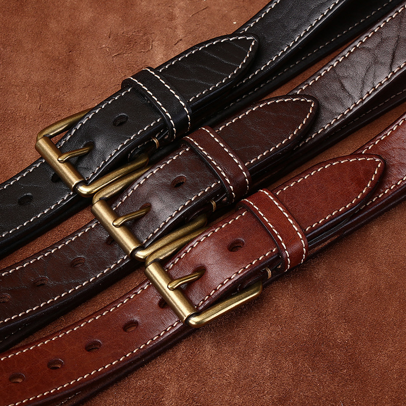 Men’s Stitched Full-Grain Leather Belt with Brass Buckle – 3.8cm Wide