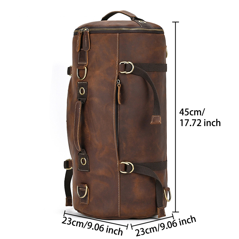Vintage leather barrel travel bag with shoulder strap
