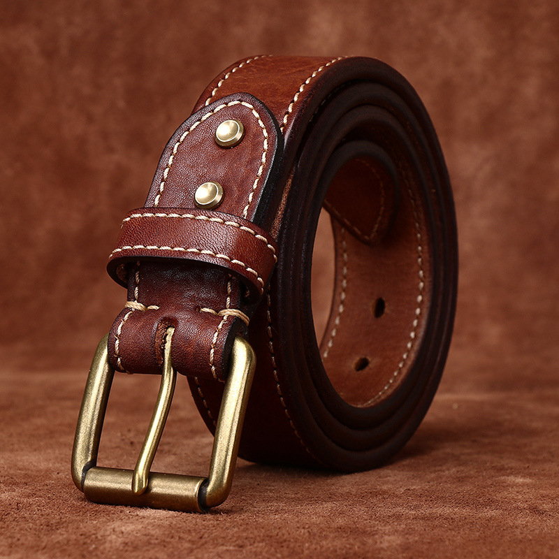 Men’s Stitched Full-Grain Leather Belt with Brass Buckle – 3.8cm Wide