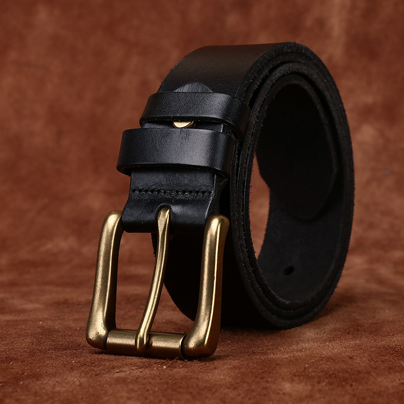 Men’s Full-Grain Leather Belt with Antique Brass Buckle – 3.8cm Wide