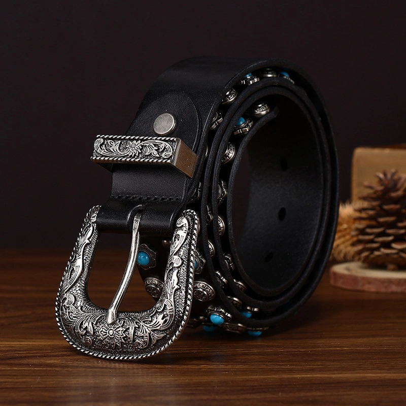 Heritage Western Leather Belt with Engraved Antique Silver-Tone Buckle | 3.8cm Wide