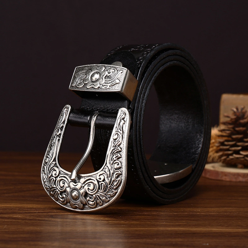 Embossed Full-Grain Leather Belt with Antique Silver-Tone Buckle | 3.8cm Wide