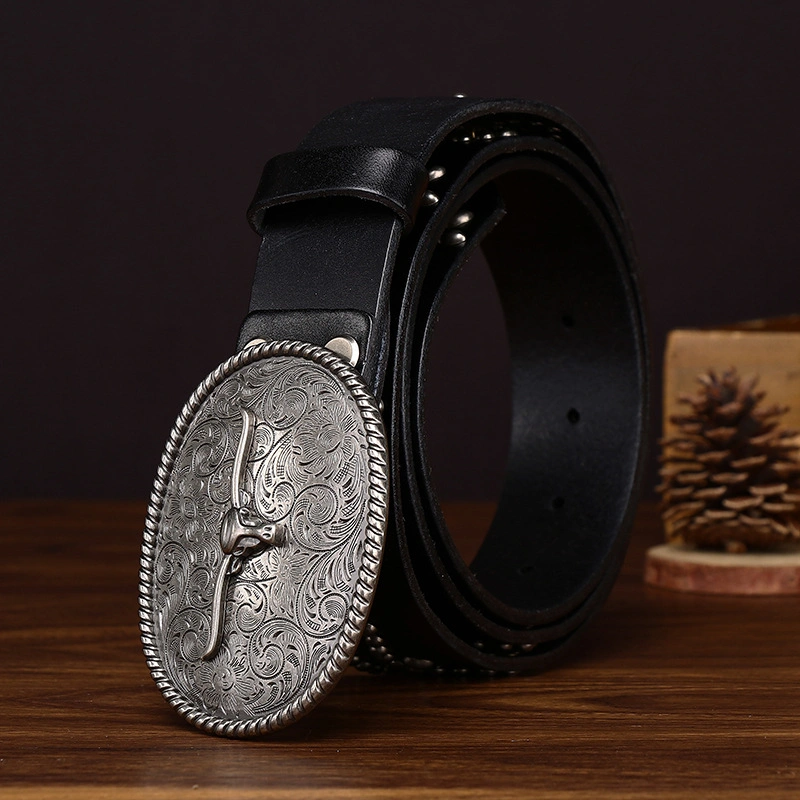 Sierra Longhorn Leather Belt with Engraved Plate Buckle | 3.8cm Wide