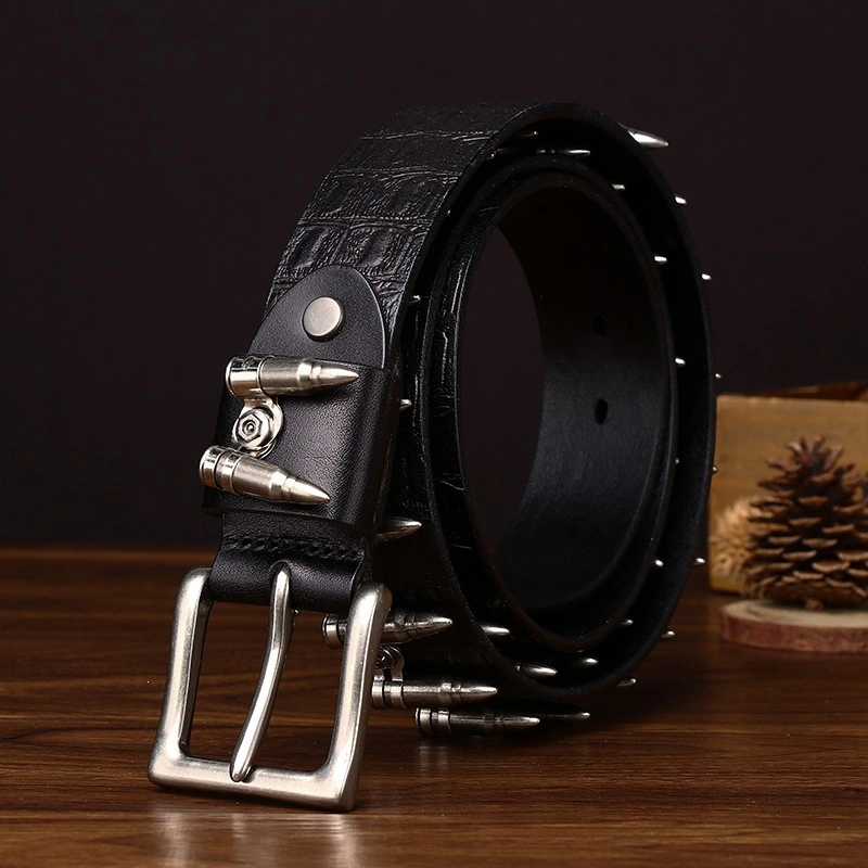 Croc-Embossed Leather Belt with Bullet-Style Studs | 3.8cm Wide