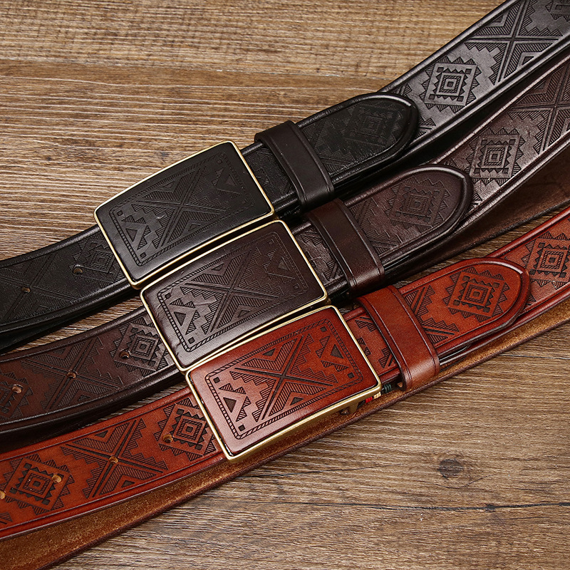 Handmade Vintage Laser-engraved Buckle Leather Belt 3.8cm B13