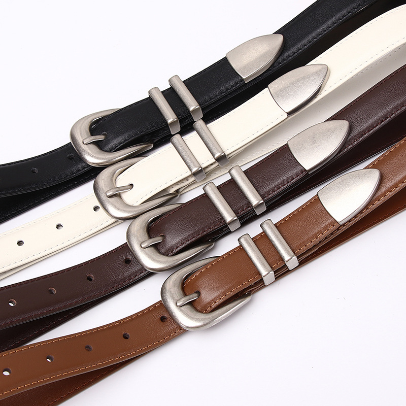 Simple Retro Silver Genuine Leather Belt 2.4cm Wide B22