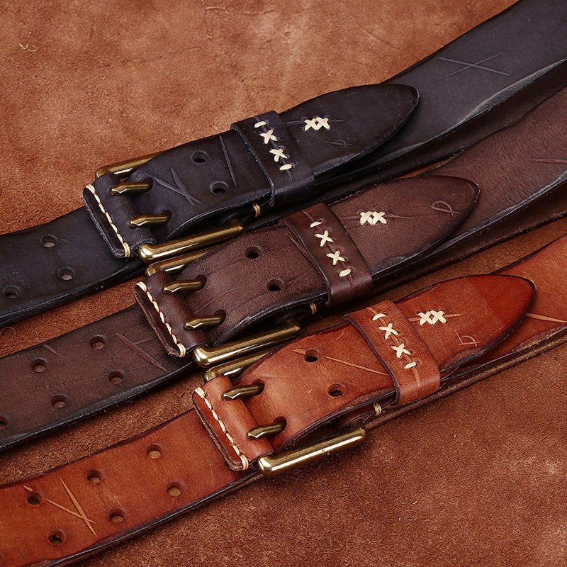 Vintage Double-buckle Leather Belt Wide 3.8CM B41