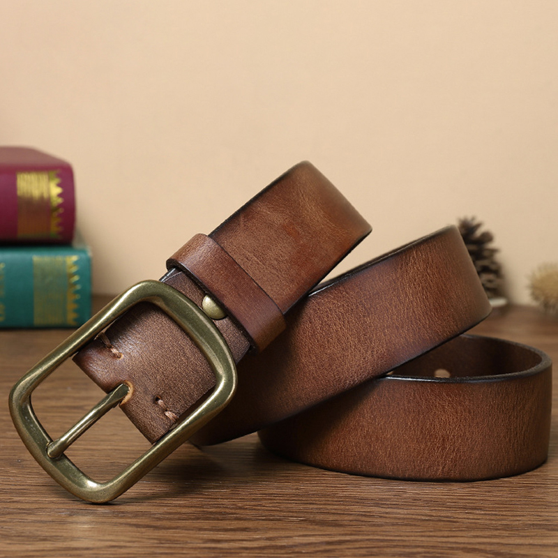 Vintage Brass Buckle Genuine Leather Belt Wide 3.8CM B54