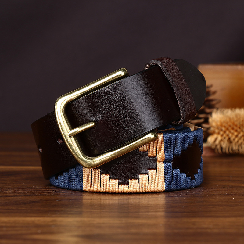 Polo-Style Woven Leather Belt with Brass-Tone Alloy Buckle | 3.4cm Wide