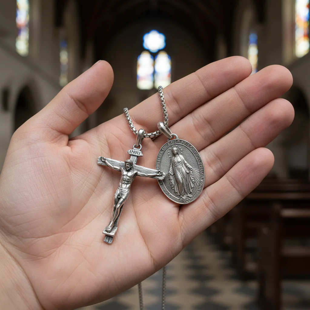 Jesus Cross and Virgin Mary Combination Necklace Pendant-KKICO