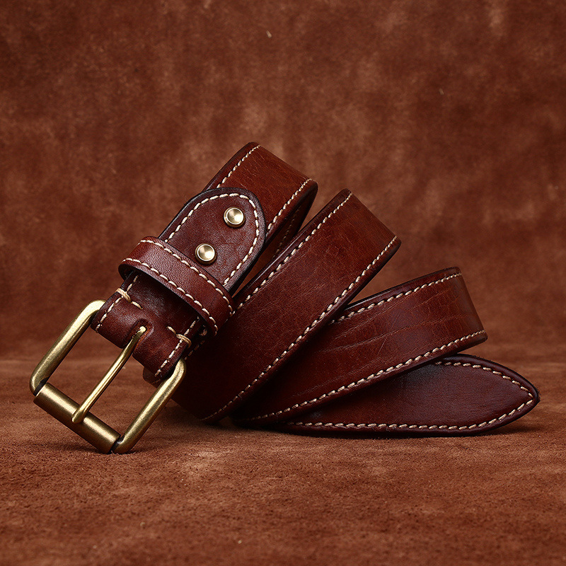 Men’s Stitched Full-Grain Leather Belt with Brass Buckle – 3.8cm Wide