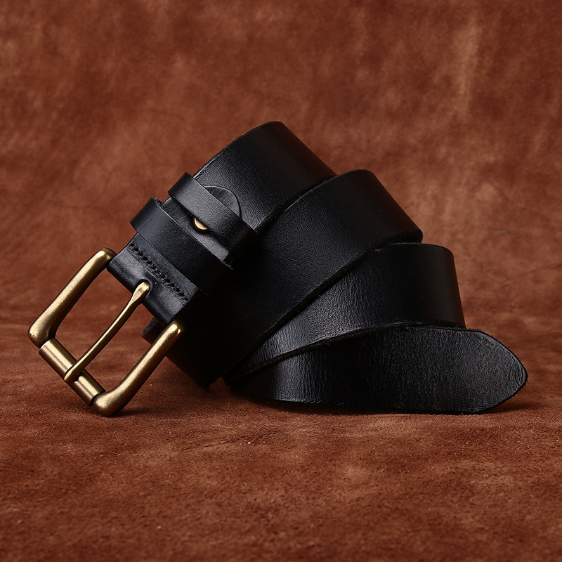 Men’s Full-Grain Leather Belt with Antique Brass Buckle – 3.8cm Wide
