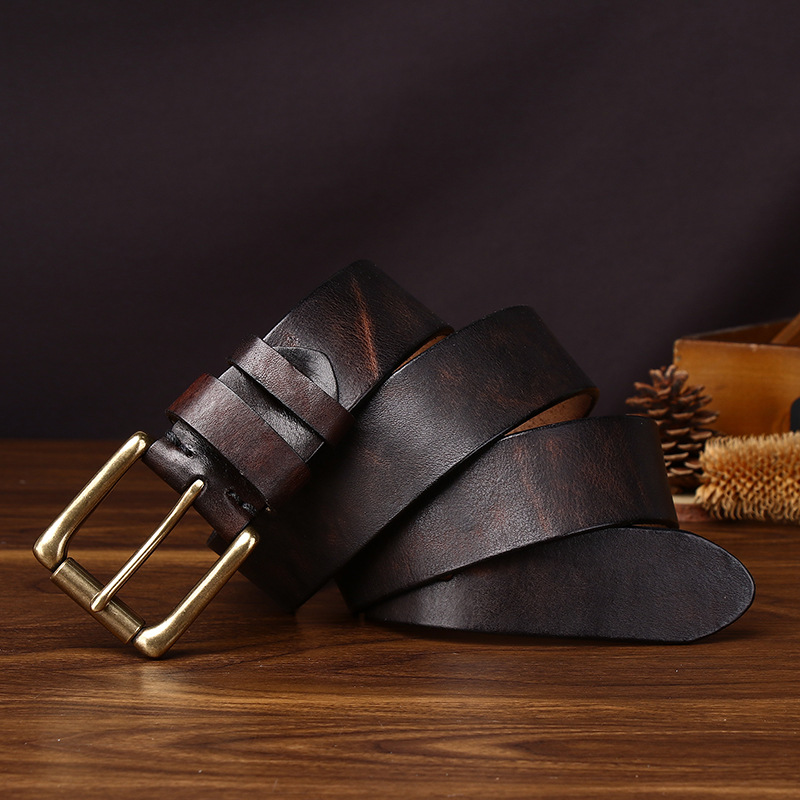 Men’s Full-Grain Leather Belt with Brass Buckle – 3.8cm Wide