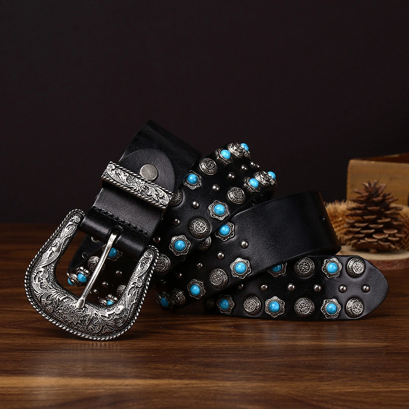 Heritage Western Leather Belt with Engraved Antique Silver-Tone Buckle | 3.8cm Wide