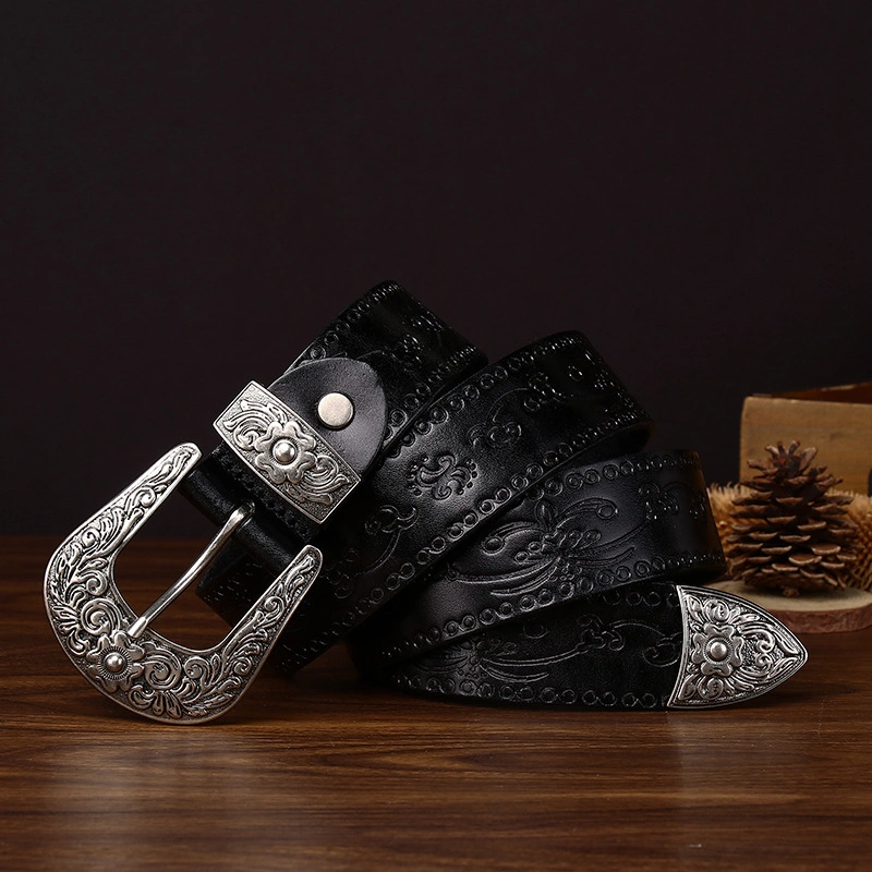 Embossed Full-Grain Leather Belt with Antique Silver-Tone Buckle | 3.8cm Wide