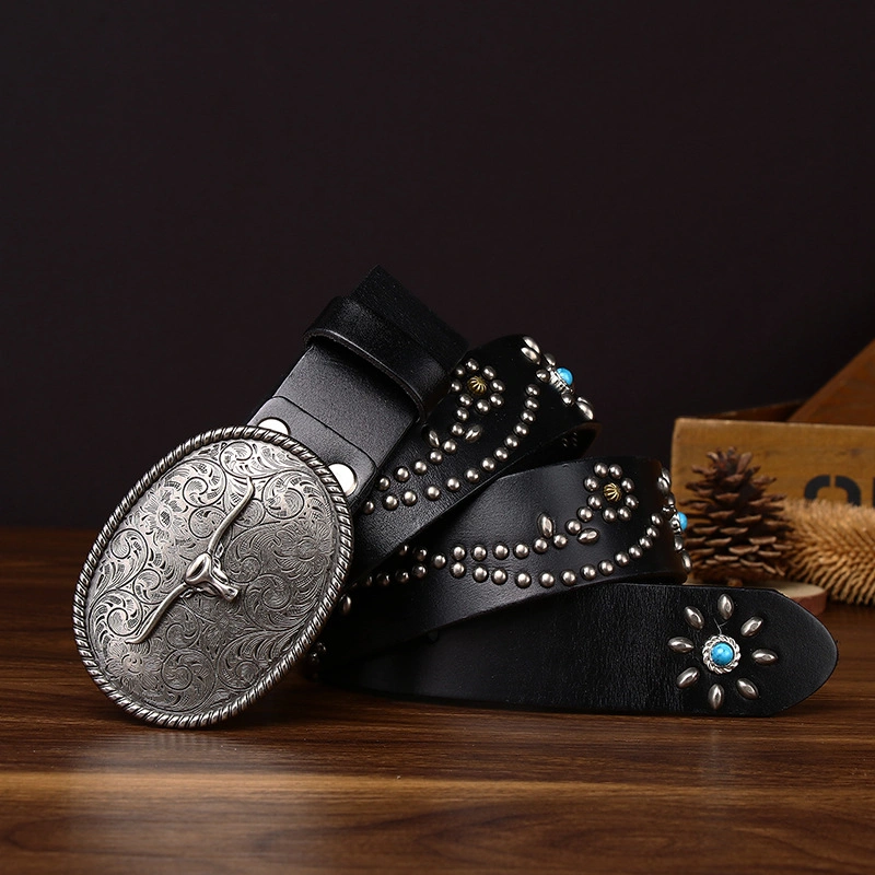 Sierra Longhorn Leather Belt with Engraved Plate Buckle | 3.8cm Wide