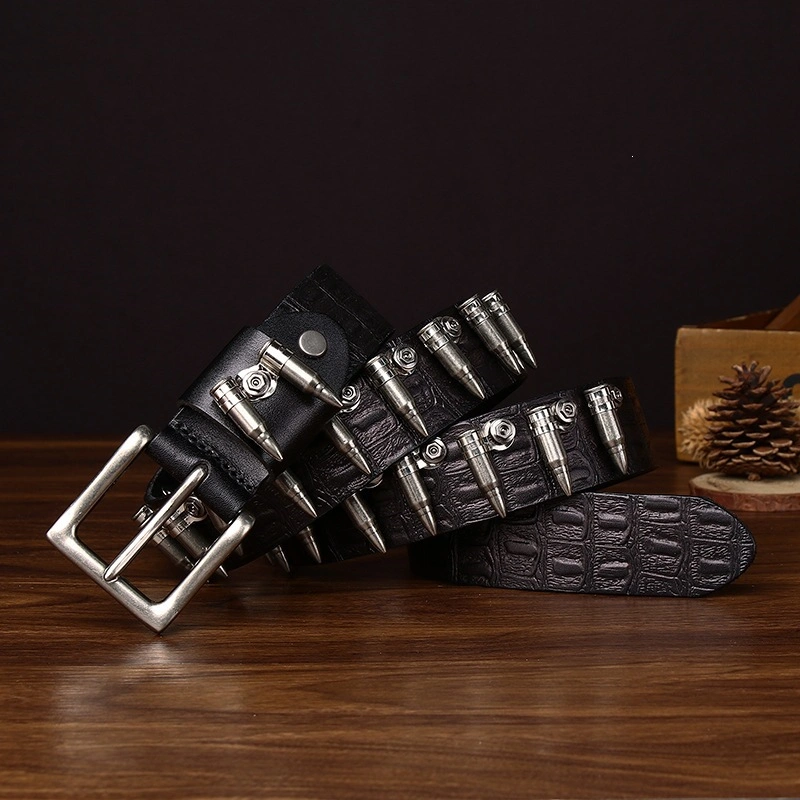 Croc-Embossed Leather Belt with Bullet-Style Studs | 3.8cm Wide