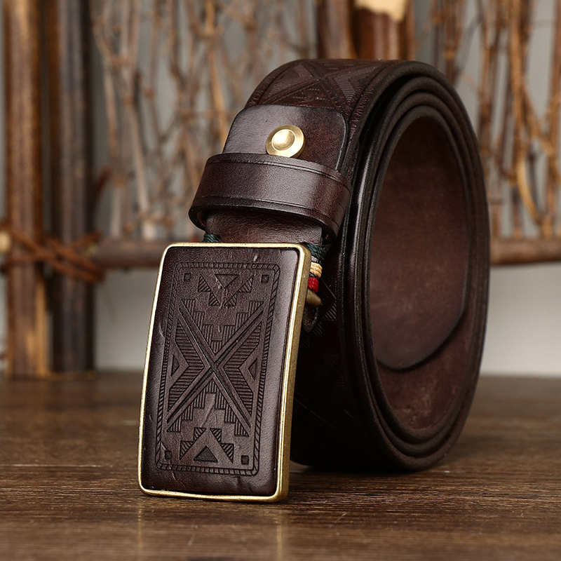 Handmade Vintage Laser-engraved Buckle Leather Belt 3.8cm B14-KKICO