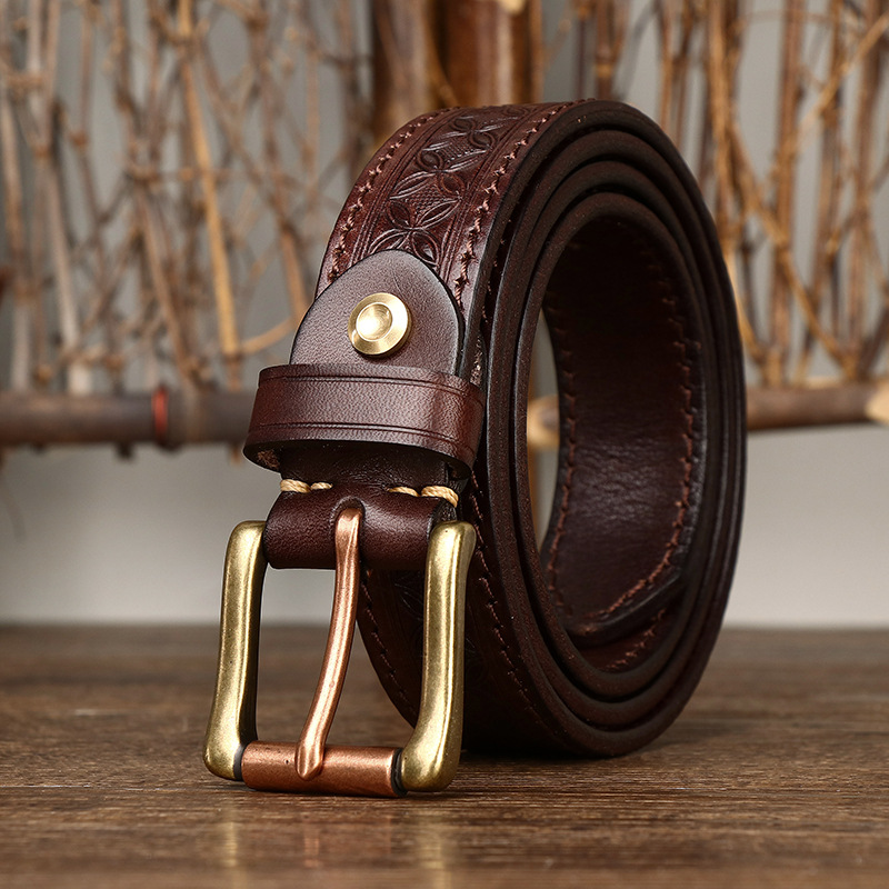 Vintage Four-leaf Clover Embossed Genuine Leather Belt Reversible 3.3cm Wide B21-KKICO