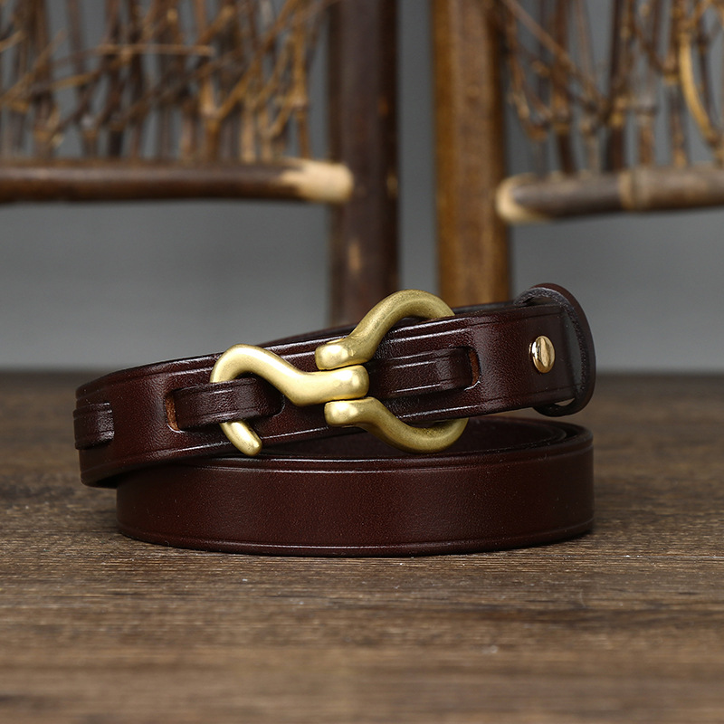 Vintage Copper Hook Genuine Leather Thin Belt 2.0cm Wide B25-KKICO