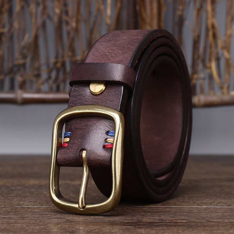 Vintage Brass Buckle Genuine Leather Belt Wide 3.8CM B56-KKICO