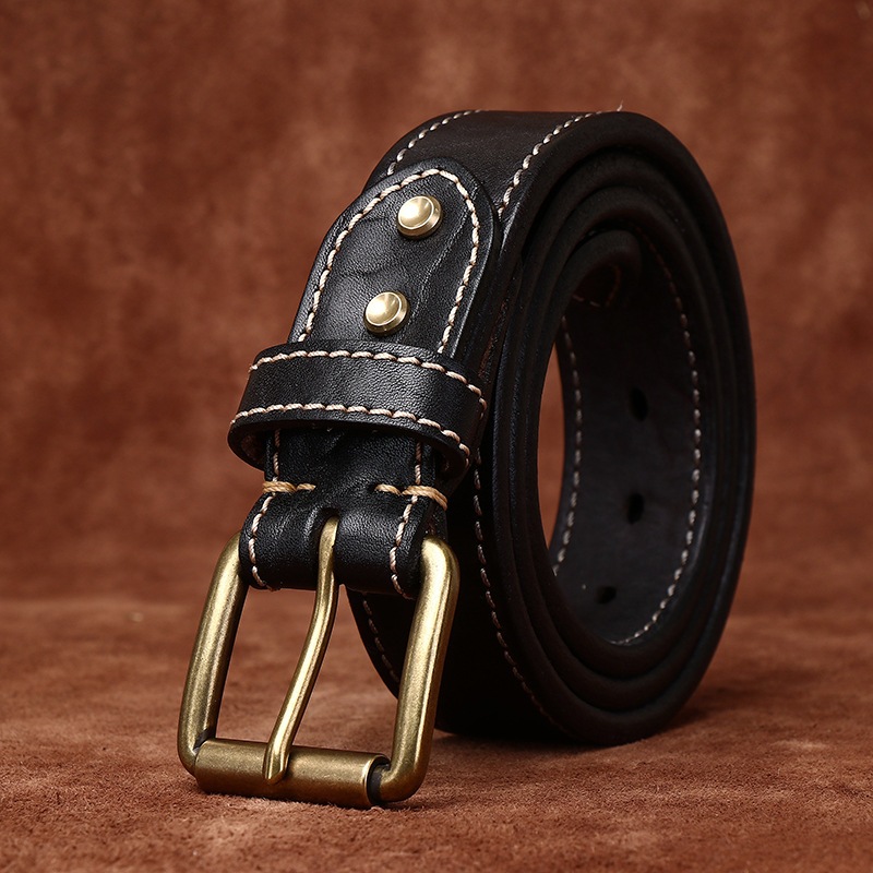 Men’s Stitched Full-Grain Leather Belt with Brass Buckle – 3.8cm Wide