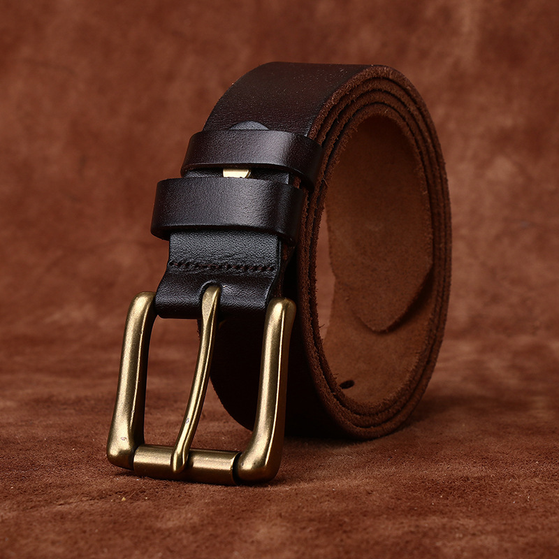 Men’s Full-Grain Leather Belt with Antique Brass Buckle – 3.8cm Wide