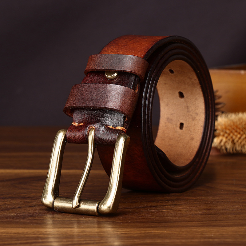 Men’s Full-Grain Leather Belt with Brass Buckle – 3.8cm Wide