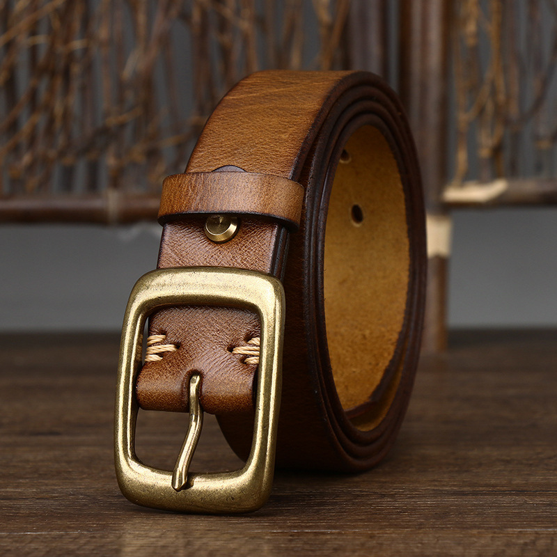 Vintage Leather Belt with Brass Buckle – 3.3cm Wide