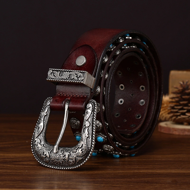Heritage Western Leather Belt with Engraved Antique Silver-Tone Buckle | 3.8cm Wide