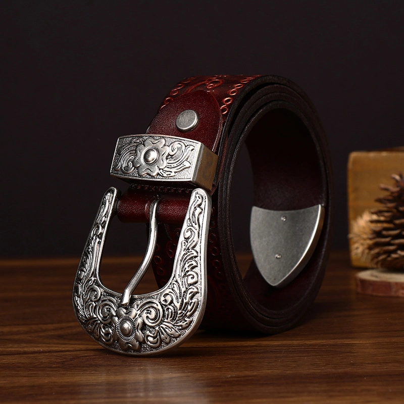 Embossed Full-Grain Leather Belt with Antique Silver-Tone Buckle | 3.8cm Wide