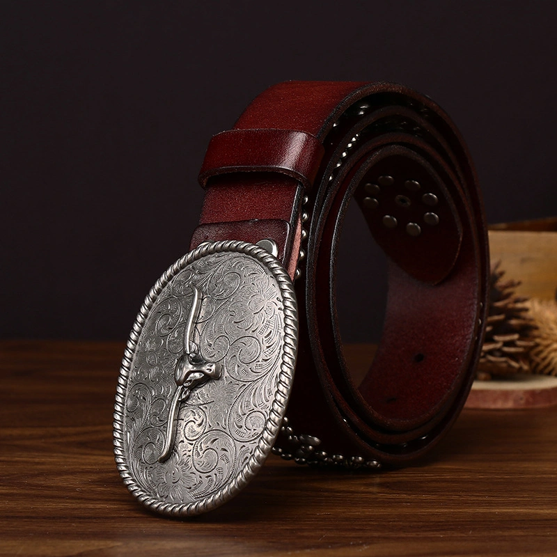 Sierra Longhorn Leather Belt with Engraved Plate Buckle | 3.8cm Wide