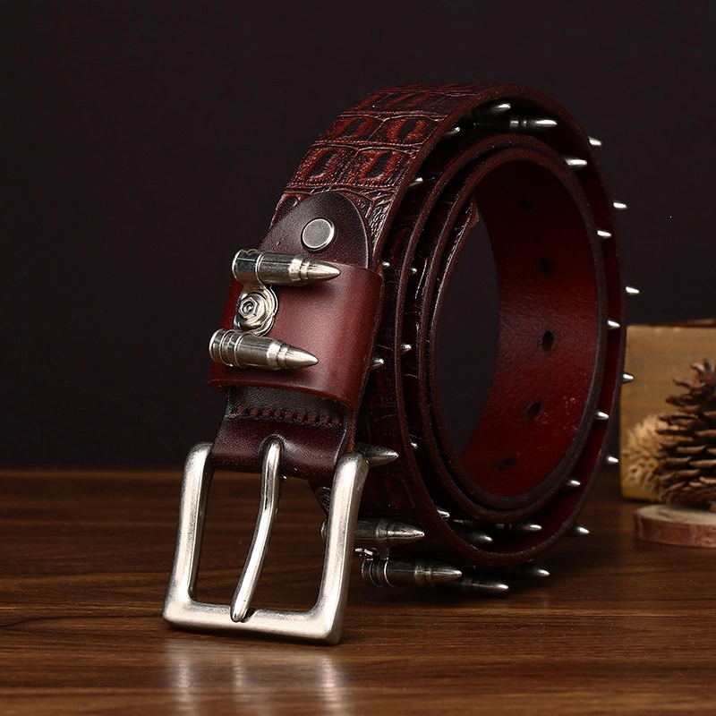 Croc-Embossed Leather Belt with Bullet-Style Studs | 3.8cm Wide
