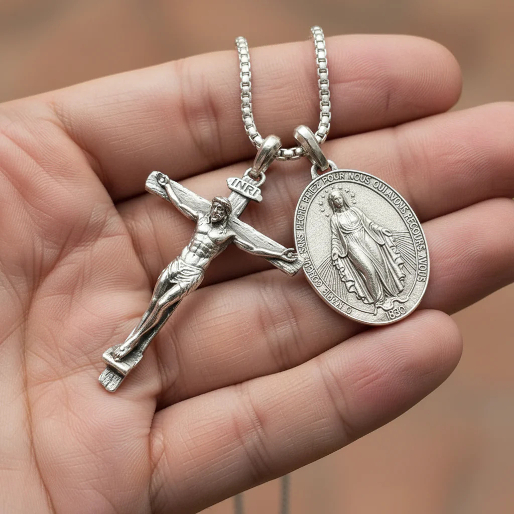 Jesus Cross and Virgin Mary Combination Necklace Pendant-KKICO